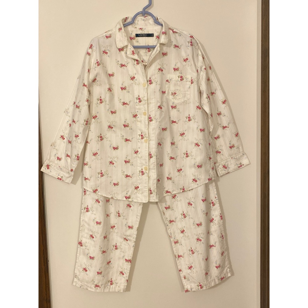 Lauren Ralph Lauren Womens Floral Stripe Pajama Set White Pink Cotton Large